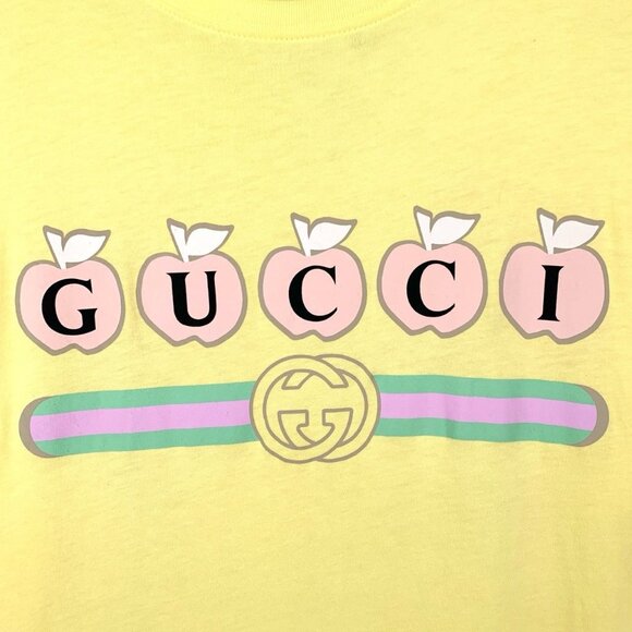 Gucci Yellow Apple Logo Print Round Neck Short Sleeve T-Shirt Made In Italy - Picture 4 of 7